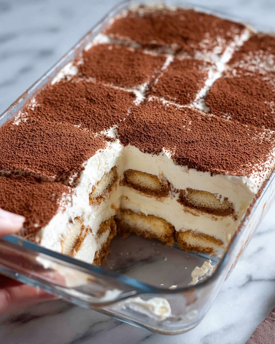 A rectangular clear glass dish holds a tiramisu dessert with one large square piece missing, showing the inside layered structure. There are four visible layers: a bottom layer of light brown soaked biscuit, a thick creamy white layer above it, a second biscuit layer similar to the bottom one, and a top thick white creamy layer. The very top surface is covered evenly with a fine brown cocoa powder dusting. The dish rests on a white marbled surface. A woman's hand is holding the dish from the side in the background. Photo taken with an iphone --ar 4:5 --v 7
