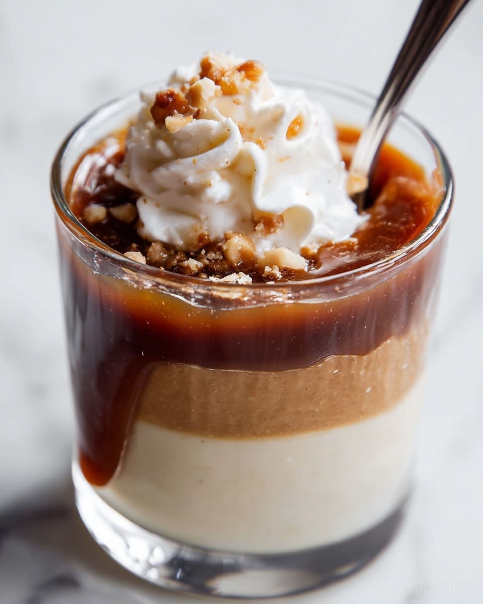 A clear glass cup holds a layered dessert placed on a white marbled surface. The bottom layer is smooth and creamy off-white pudding. On top of that is a thick light brown layer with a soft texture, followed by a dark shiny caramel sauce layer that gently runs down the sides. A swirl of white whipped cream sits on one side, sprinkled with small chopped nuts. A spoon is inside the cup, slightly mixing the layers where the caramel and brown layer meet. The focus is close, showing the dessert’s textures clearly. Photo taken with an iphone --ar 4:5 --v 7
