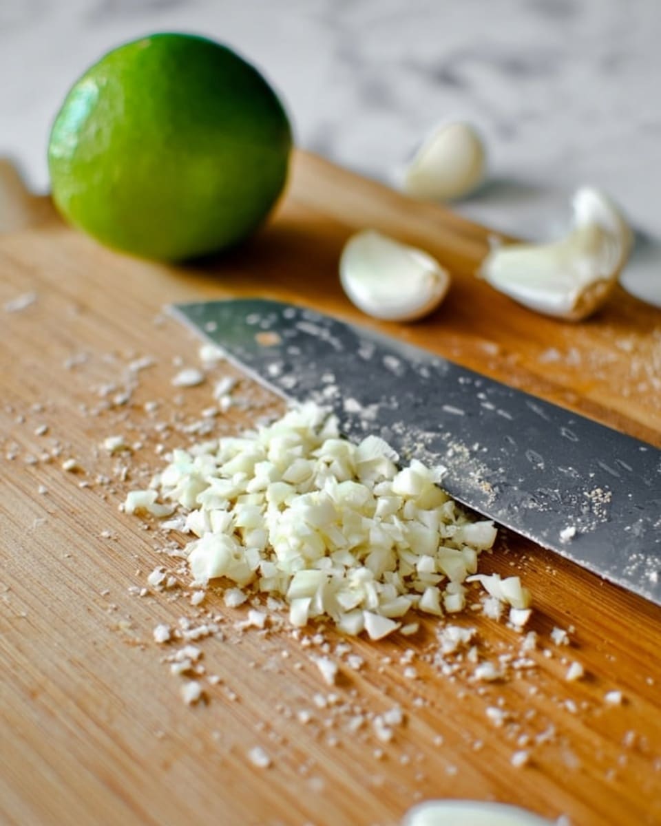 This image shows a wooden cutting board with a small pile of finely chopped white garlic pieces in the center. A large silver knife with a black handle rests next to the garlic, its blade partially covered with tiny garlic bits. In the background, there is a bright green lime on the left side and several whole garlic cloves on the right side, all placed on a white marbled texture surface. The scene has soft natural lighting, focusing on the garlic and knife details photo taken with an iphone --ar 4:5 --v 7