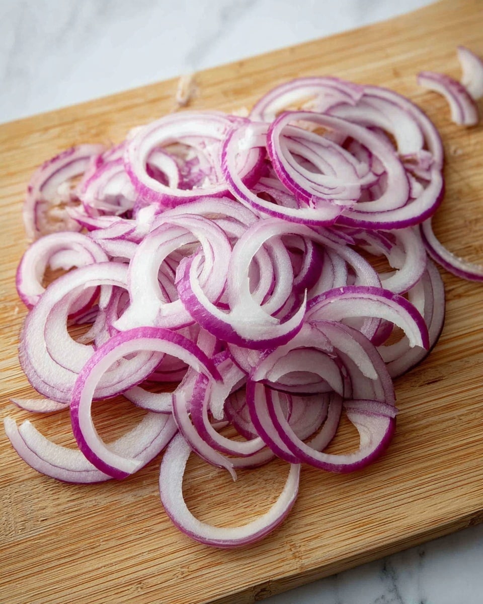 A pile of thin, curved red onion slices with white and purple layers is spread across a light brown wooden cutting board. The onion rings overlap each other, showing a mix of smooth and slightly rough edges, some slices forming partial circles. The wooden board has a natural grain texture and is set on a white marbled surface. The lighting is soft, highlighting the fresh, crisp texture of the onions. photo taken with an iphone --ar 4:5 --v 7