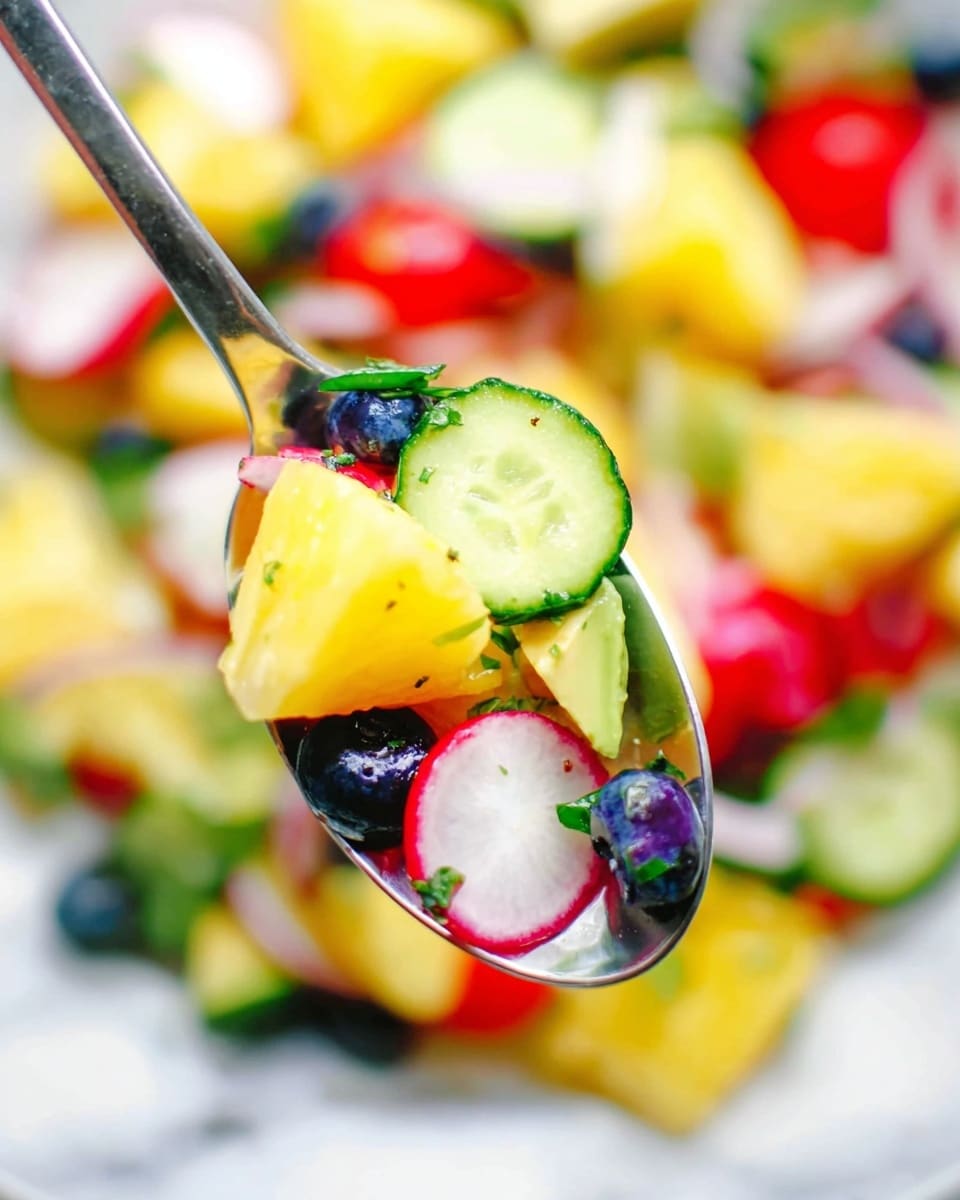 A close-up view of a spoon holding a colorful fruit and vegetable salad with about five layers: the top layer shows bright yellow pineapple chunks with a shiny green cucumber slice hanging on the spoon edge; below, there are round red and white radish slices mixed with dark glossy blueberries, thin pale onion slices, and light green avocado pieces, all with small green herb bits scattered throughout. The background is out of focus but shows more of the same salad on a white plate over a white marbled surface. photo taken with an iphone --ar 4:5 --v 7