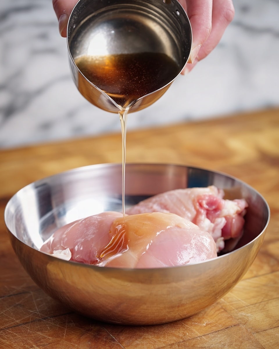 A silver metal bowl sits on a wooden surface filled with two pieces of raw, pink chicken thighs. A woman's hand holds a small silver cup above the bowl, pouring a dark amber liquid over the chicken pieces. The chicken’s texture is smooth and shiny, and the liquid catches light as it drips evenly onto the meat. The background has been changed to a white marbled texture. Photo taken with an iphone --ar 4:5 --v 7