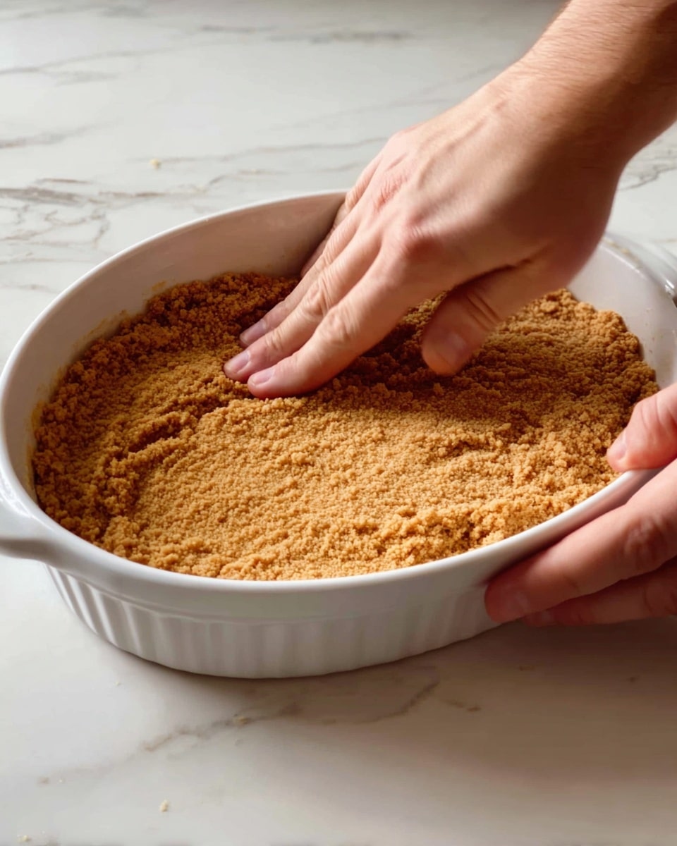A close-up view of a white oval dish filled with a thick, crumbly light brown crust layer that covers the bottom completely. A person's hand is pressing down the crust firmly to flatten and spread it evenly across the dish. The dish is held steady by another person's hand on the left side. The dish is resting on a white marbled surface. photo taken with an iphone --ar 4:5 --v 7