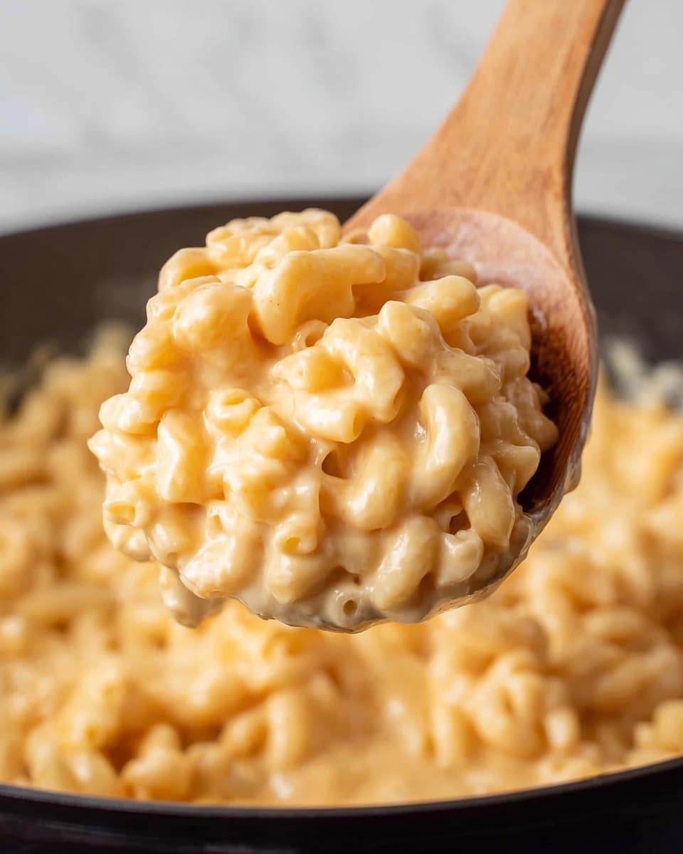 A close-up of a wooden spoon holding a scoop of creamy mac and cheese with elbow pasta. The cheese sauce is smooth and thick, covering the pasta evenly with a light orange-yellow color. The background shows a dark pan with a hint of the white marbled surface behind it, giving focus to the glossy texture of the cheesy pasta on the wooden spoon. photo taken with an iphone --ar 4:5 --v 7