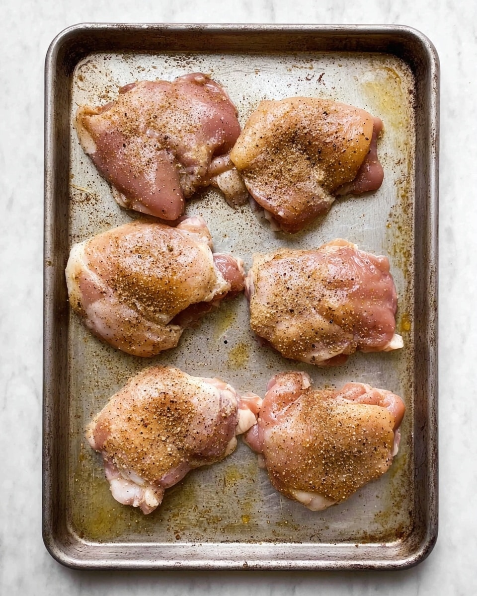 The image shows six raw chicken thigh pieces placed on a metal baking tray. The chicken thighs are spread out evenly in two rows of three, showing their pink color with some white fat. Each piece is sprinkled with brownish seasoning and black pepper, giving a speckled texture on top. The baking tray looks slightly worn with some stains and scratches visible. The tray sits on a white marbled surface, adding a clean, light background contrast. photo taken with an iphone --ar 4:5 --v 7