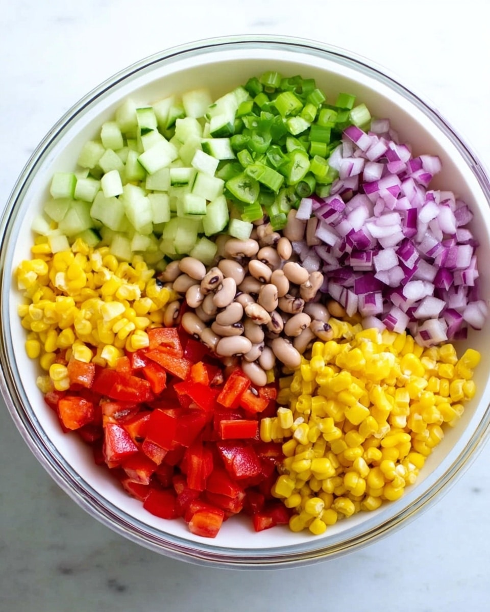 A clear white bowl sits on a white marbled surface, filled with six distinct layers of chopped ingredients arranged side by side. Starting from the top left, there is pale green diced cucumber, next to it finely chopped purple-red onion, and to the right, a cluster of pale brown black-eyed beans. Below the beans is a pile of bright yellow corn kernels. To the left of the corn, diced bright red tomatoes form a vibrant section. In the center, fine slices of green onions create a thin line separating the upper and lower layers. The colors and textures create a fresh and colorful look, all neatly separated without mixing. photo taken with an iphone --ar 4:5 --v 7