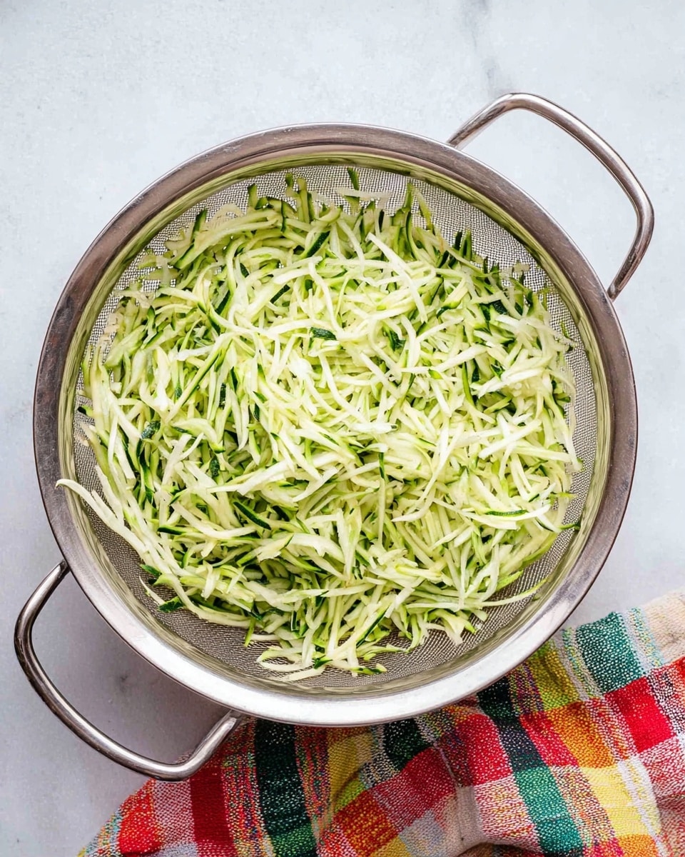 An overhead view of a silver metal strainer filled with shredded green and white zucchini, showing thin, string-like pieces. The strainer has two handles and sits on a white marbled surface. A colorful checkered cloth with red, green, yellow, and orange stripes peeks out from under the strainer at the bottom right corner. The image is bright and clear with natural lighting. photo taken with an iphone --ar 4:5 --v 7