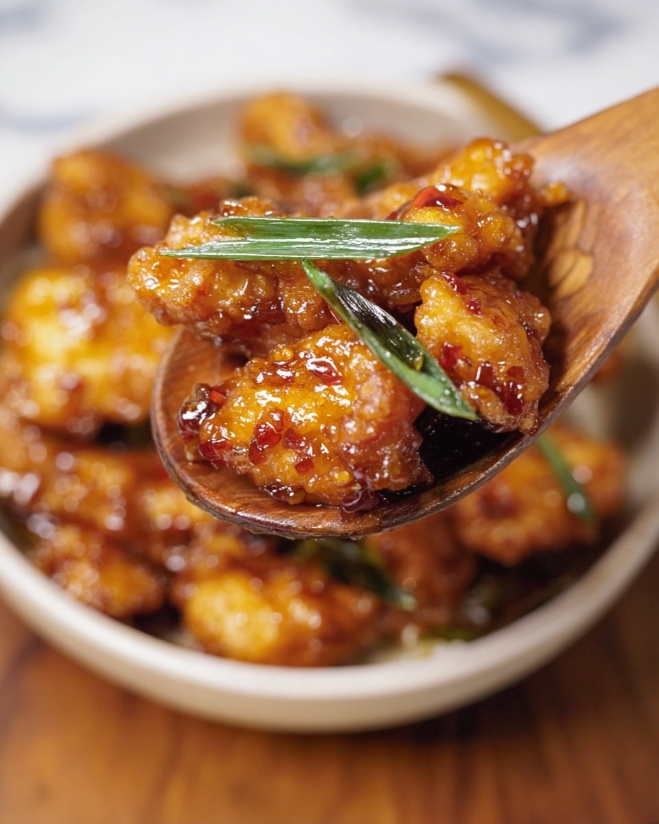 A close-up view shows golden brown fried pieces with a shiny, slightly sticky sauce coating, resting on a wooden spoon. A bright green spring onion slice sits on top of the fried pieces, adding a fresh color contrast. Below the spoon, a white bowl filled with more fried pieces in the same glossy sauce is visible against a soft white marbled surface. The overall look is warm and inviting, with rich textures and colors of deep gold and green. Photo taken with an iphone --ar 4:5 --v 7