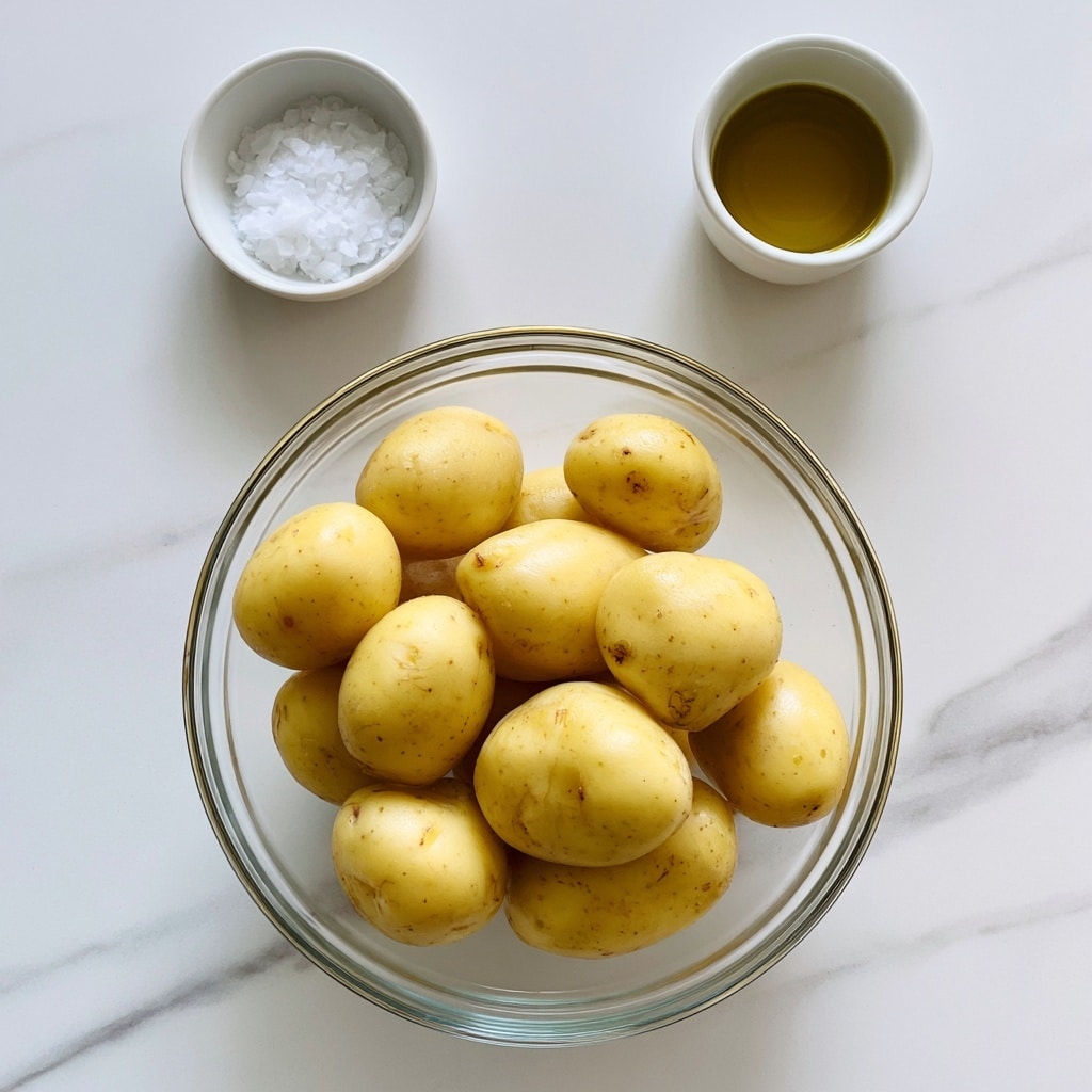 A clear glass bowl centered on a white marbled surface holds about ten small white potatoes with smooth pale yellow skin and slight blemishes. Above and to the right of the bowl, a small white cup filled with golden olive oil sits. Above and to the left of the bowl, a small white bowl contains a small pile of coarse white sea salt flakes. Each item is neatly spaced with clear labels in muted purple boxes identifying the ingredients: