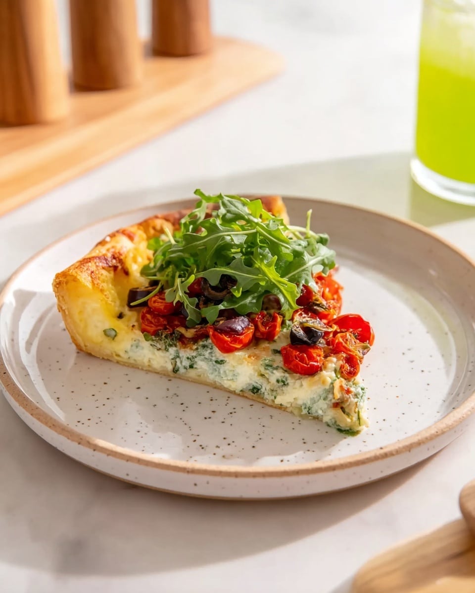 A single slice of pizza sits in the center of a white plate with a light speckled pattern. The pizza has three visible layers: a thick, golden-brown crust on the bottom with a soft texture, a creamy white sauce mixed with green herbs spread above the crust, and a topping layer that includes bright red cherry tomato halves, small pieces of dark olives, and fresh green arugula leaves piled on top. The plate rests on a white marbled surface with soft natural light highlighting the colors and textures. In the background, there are blurred wooden objects and a glass containing a bright green drink. photo taken with an iphone --ar 4:5 --v 7