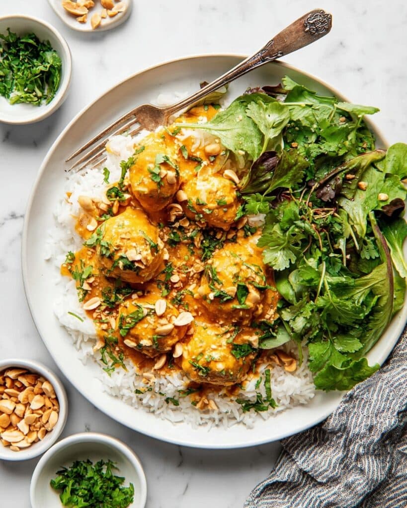Yellow Curry Turkey Meatballs with Peanut Shallot Crispies Recipe