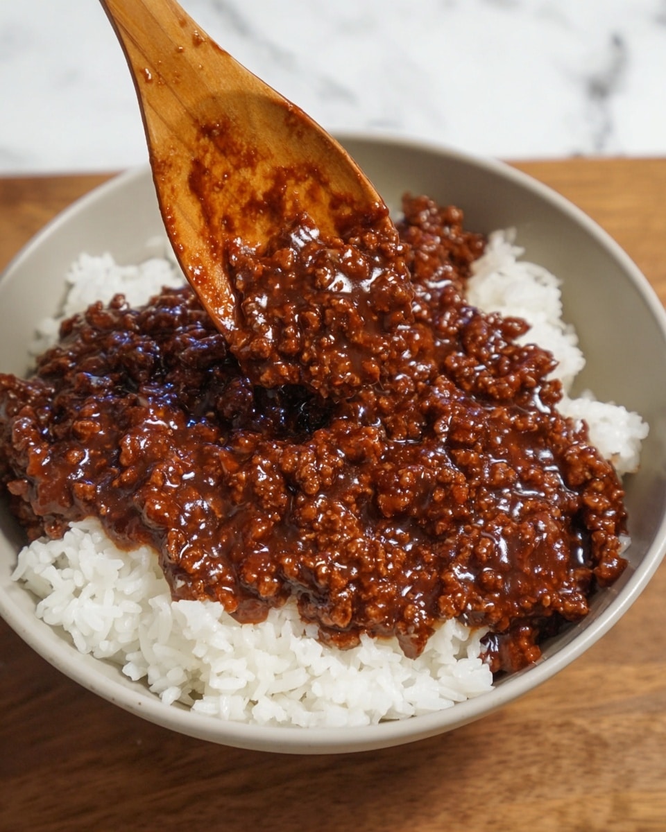 A white bowl holds a layer of white rice at the bottom, topped by a thick layer of glossy dark brown minced meat sauce being placed with a wooden spoon from above. The meat sauce is rich and chunky with a shiny texture, and the bowl sits on a white marbled surface. Photo taken with an iphone --ar 4:5 --v 7