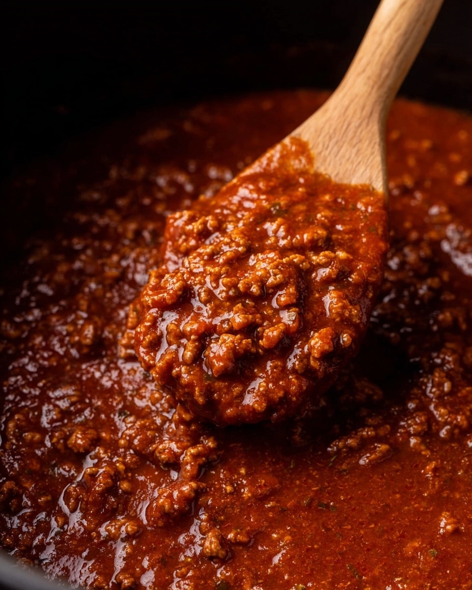 A close-up view showing a thick, rich meat sauce with a deep red-brown color and chunky texture, with small pieces of cooked ground meat mixed evenly throughout the smooth sauce. A wooden spoon lifts a scoop of the sauce from a dark pot, highlighting the shiny, dense, hearty consistency of the dish. The sauce looks moist and well-cooked, with visible small bits of herbs or seasonings blended into the mixture. The background and pot edges are dark, making the vibrant sauce stand out. photo taken with an iphone --ar 4:5 --v 7