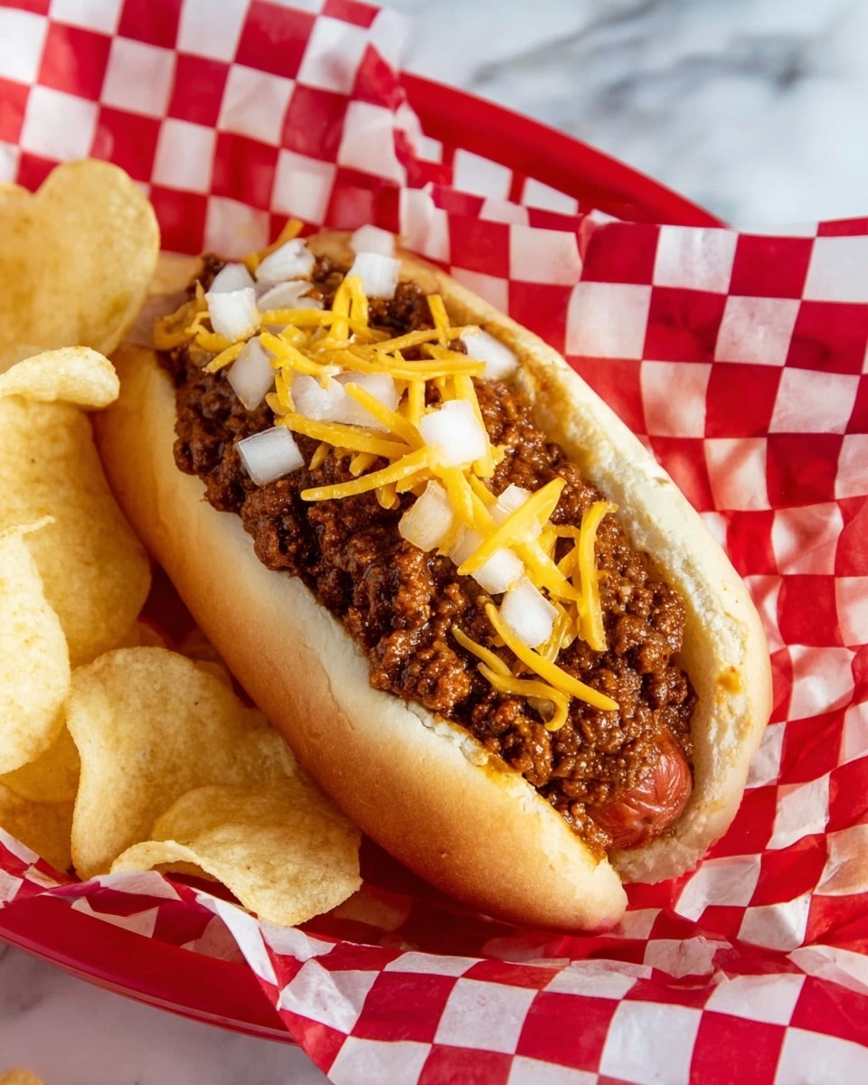 A white sandwich bun holds a hot dog topped with a thick layer of dark brown chili, sprinkled with small pieces of white onion and thin strips of yellow cheddar cheese. The hot dog and toppings sit inside the bun, which rests on red and white checkered paper lining a red basket. Around the hot dog, there are pale yellow potato chips with a crisp texture. The background is a white marbled surface. photo taken with an iphone --ar 4:5 --v 7