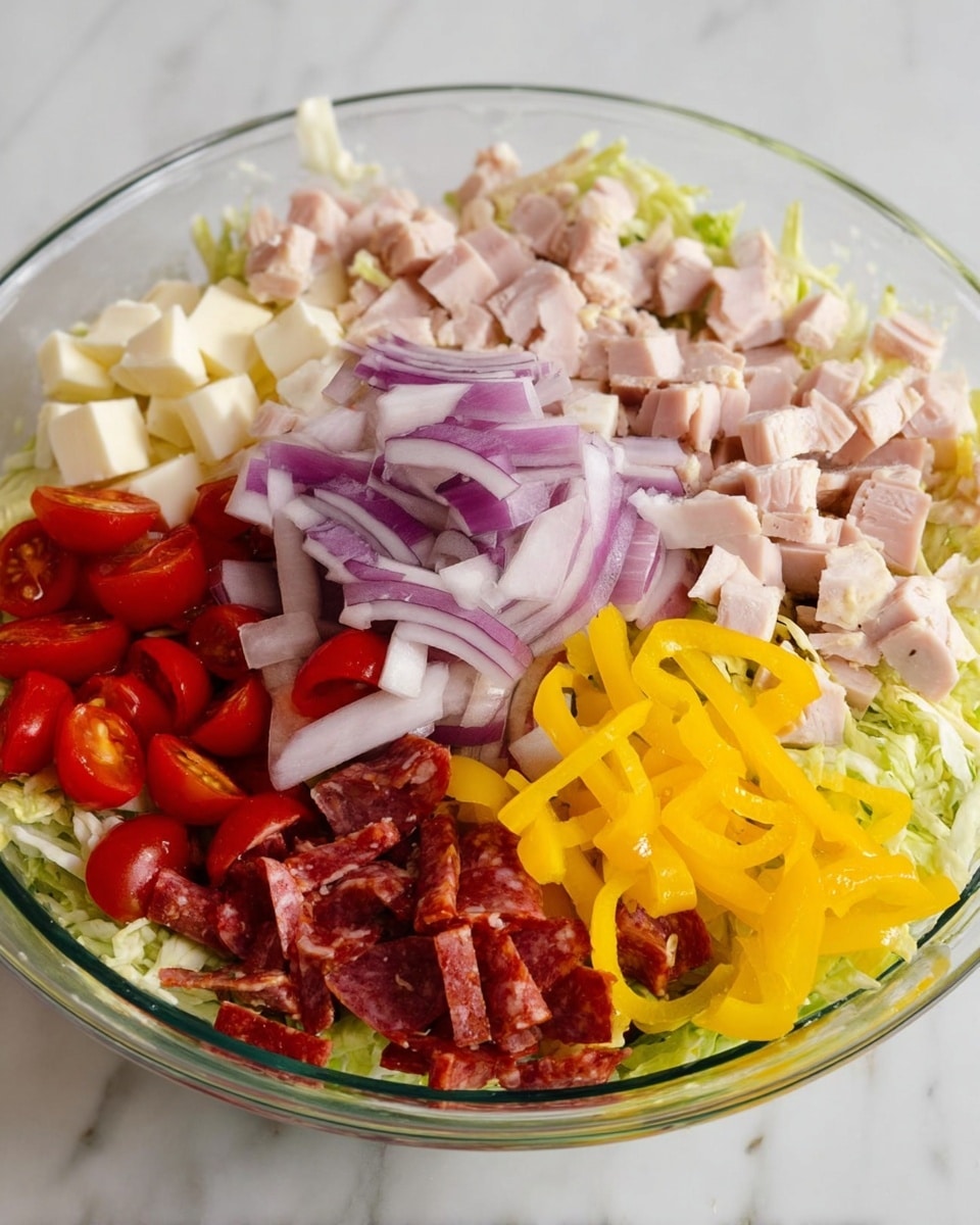 The image shows a clear glass bowl containing a colorful layered salad on a white marbled surface. The bottom layer is light green shredded lettuce. On top of the lettuce are diced white cheese pieces scattered evenly. There are small chunks of light pink cooked turkey mixed among the cheese. Thin slices of purple onion are spread over the cheese and turkey layers. Bright yellow chopped pepper rings sit in a neat pile on one side of the bowl. Red cherry tomato halves and small pieces of red pepperoni or cured meat are arranged mainly on the opposite side from the yellow peppers. The dish is fresh and vibrant with clearly defined layers. Photo taken with an iphone --ar 4:5 --v 7