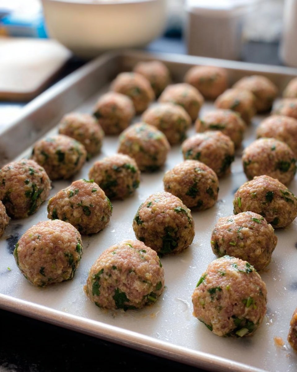 The image shows a metal baking tray filled with about 24 round meatballs arranged in neat rows. Each meatball has a rough texture and is light brown with green and white specks, indicating chopped herbs and small bits mixed in. The tray is placed on a white marbled surface, and there is a white container and a glimpse of a kitchen setup in the blurry background. The lighting is natural, highlighting the freshness of the raw meatballs. photo taken with an iphone --ar 4:5 --v 7