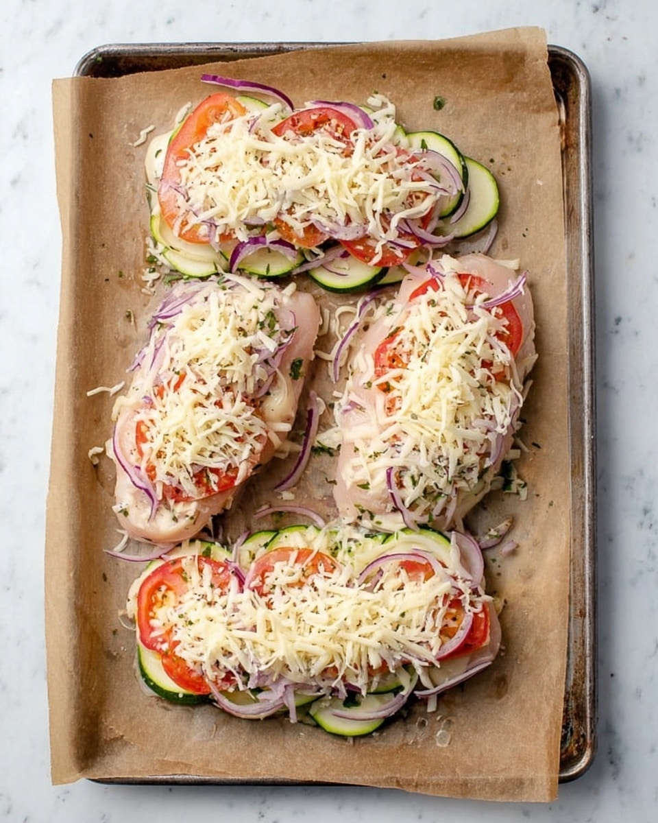 The image shows four raw chicken pieces placed on a baking sheet lined with parchment paper. Each chicken piece is topped with layers of sliced green zucchini, red tomato, and purple onion, arranged in an overlapping pattern on top. The vegetables are sprinkled with a generous layer of shredded white cheese, spread evenly across the top of each chicken piece. The baking sheet sits on a white marbled surface, creating a clean and bright background. Photo taken with an iphone --ar 4:5 --v 7