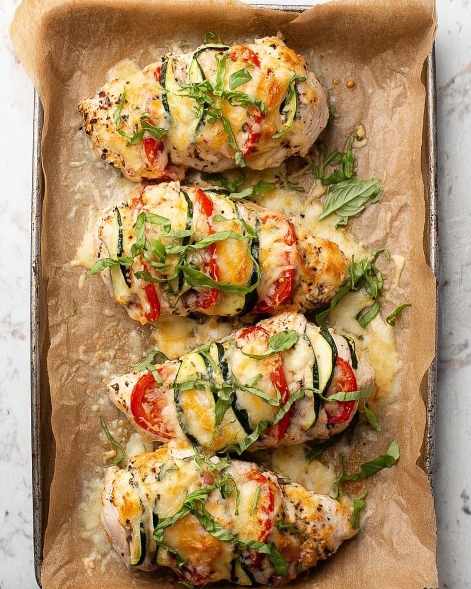 The image shows four baked chicken breasts arranged in two rows on brown parchment paper over a baking tray. Each chicken piece has several layers made of thin green zucchini slices, red tomato slices, and some melted golden-yellow cheese on top. Thin green basil leaves are sprinkled over the chicken and cheese, adding a fresh look. The background is a white marbled texture. photo taken with an iphone --ar 4:5 --v 7