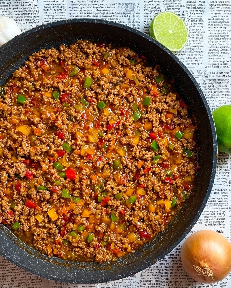 A black pan filled with one layer of cooked ground meat mixed with small diced pieces of red, yellow, and green bell peppers, all combined in a slightly oily reddish-brown sauce that glistens under the light. The mixture looks coarse and juicy with a textured surface, showing the different colors of the vegetables evenly spread throughout the meat. Around the pan are a garlic bulb, an onion, and a lime placed on a white marbled surface covered partially with newspaper print. Photo taken with an iphone --ar 4:5 --v 7