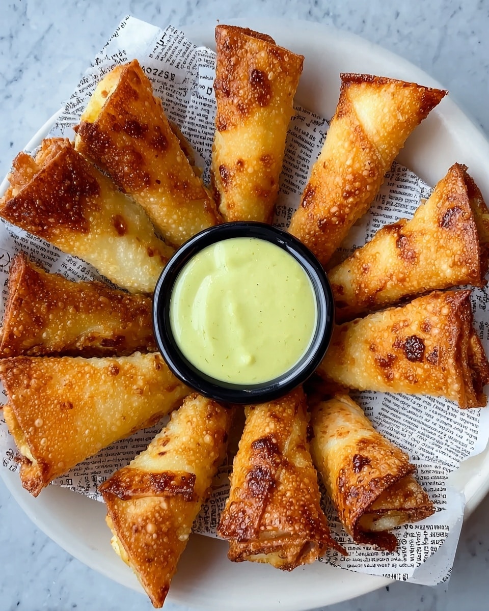The image shows a white plate with eight golden-brown crispy rolled snacks arranged in a circle, with their pointed ends facing outward. Each roll has a textured, crunchy outer layer with visible browning and slight blistering, giving a toasted look. In the center of the plate sits a small black bowl filled with a smooth, pale green sauce that looks creamy and slightly shiny. The plate is lined with a sheet of printed paper beneath the rolls, all set on a white marbled surface. photo taken with an iphone --ar 4:5 --v 7