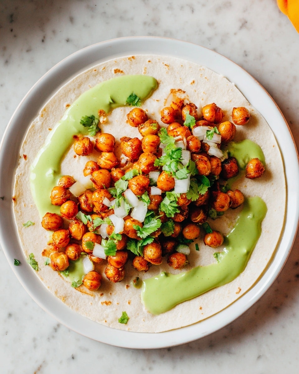 A white tortilla lies flat on a white plate set on a white marbled surface. On the tortilla, there is one layer of golden-brown roasted chickpeas spread mostly in the center. Scattered on top are small pieces of white onion and chopped green cilantro. A smooth green sauce is drizzled across the chickpeas, adding a vibrant color contrast. The texture shows a mix of soft tortilla, crispy chickpeas, and fresh toppings. photo taken with an iphone --ar 4:5 --v 7