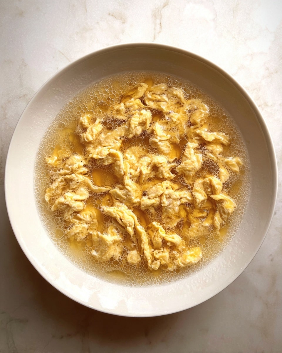A shallow white bowl filled with light golden-brown scrambled eggs floating in a clear broth. The eggs are broken into irregular, fluffy chunks that cover the entire surface of the broth. Small bubbles are visible on top of the liquid around the edges. The bowl rests on a white marbled surface. photo taken with an iphone --ar 4:5 --v 7