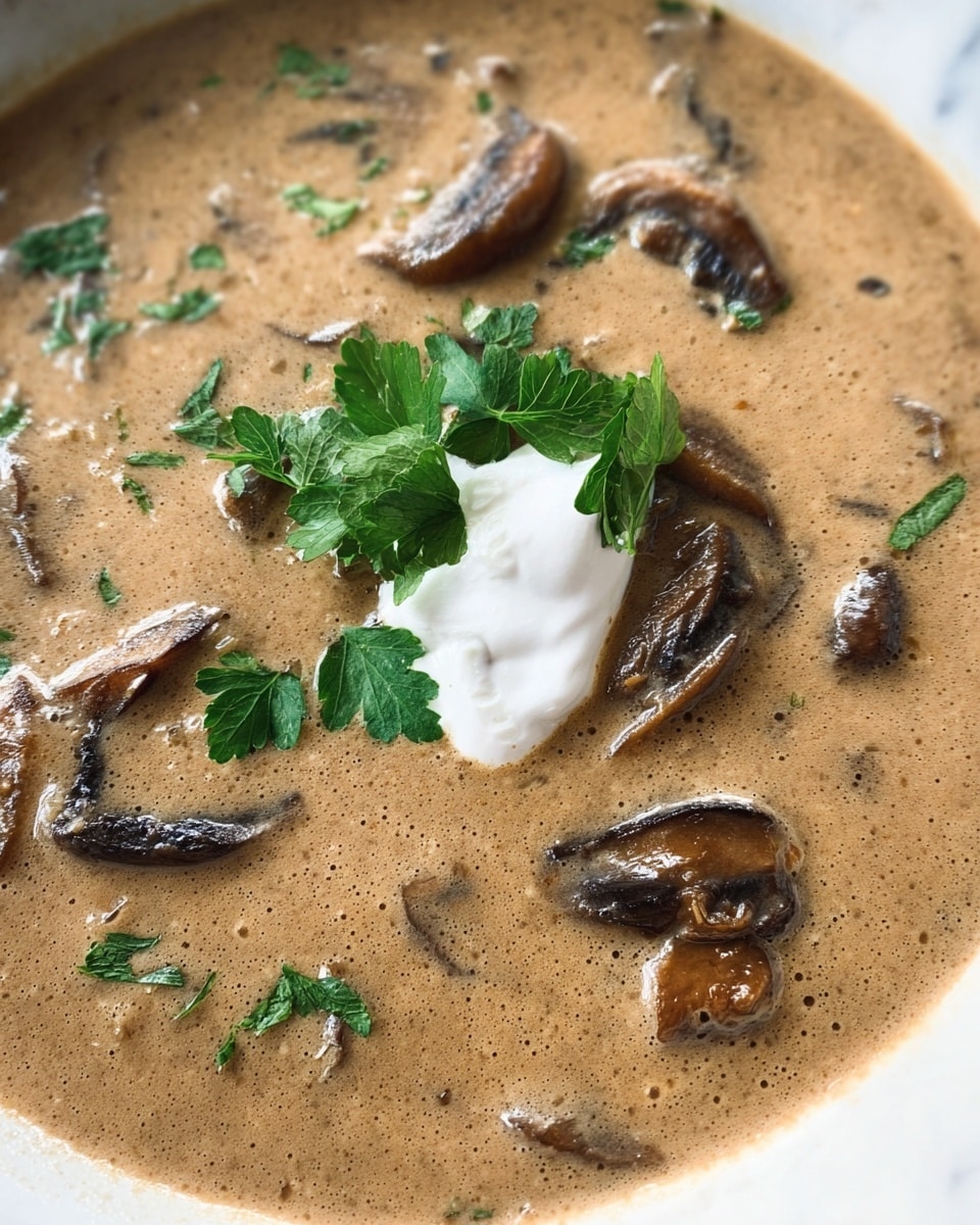 The image shows a creamy mushroom soup with a light brown color, filled with dark brown cooked mushroom slices evenly scattered throughout. On top, there is a dollop of white cream placed slightly off center, garnished with a small bunch of fresh bright green parsley leaves. The texture of the soup looks smooth and thick. The dish is displayed on a white marbled surface. Photo taken with an iphone --ar 4:5 --v 7