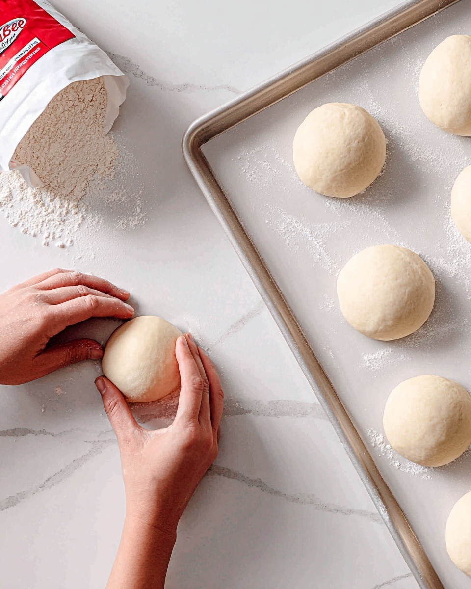 The image shows several smooth, round dough balls arranged on a white marbled surface and a white baking tray with a non-stick sheet. A woman's hand is holding one dough ball gently between the fingers, while another woman's hand is placing or shaping a second ball. A small pile of flour is visible inside an open white and red bag in the top left corner. The dough balls are pale beige, soft looking, and seem to have a smooth texture. The scene is bright and clean with the white marbled surface providing a crisp background. photo taken with an iphone --ar 4:5 --v 7
