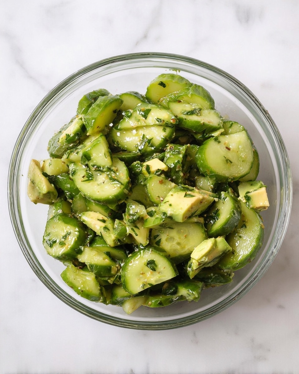 A clear glass bowl filled with sliced green cucumbers and chunks of light green avocado mixed with small pieces of dark green herbs. The cucumber slices have visible skins with a textured, slightly uneven cut. The mixture looks lightly coated with a dressing giving a slight shine. The bowl rests on a white marbled surface. Photo taken with an iphone --ar 4:5 --v 7