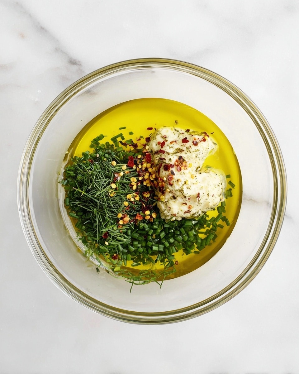 A clear glass bowl with four main ingredients layered on a white marbled surface: a pool of bright yellow olive oil covering the bottom right half, vibrant green chopped chives forming a thick layer on the bottom left, a small dollop of creamy white mixture with specks of black pepper on the center right, and scattered red chili flakes with tiny yellow seeds topping the upper left section. photo taken with an iphone --ar 4:5 --v 7