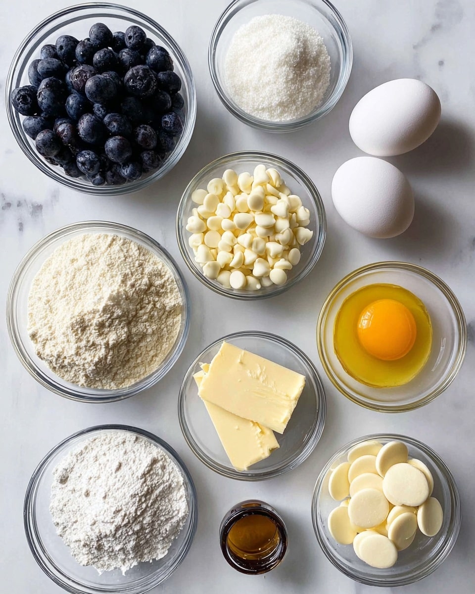 A top-down view of ten small clear glass bowls and two white eggs on a white marbled surface. The bowls contain different ingredients: fresh dark blue blueberries, a light beige flour with a powdery texture, smooth and shiny white chocolate chips, granulated white sugar with a slightly uneven top layer, a soft pale yellow block of butter, fine white salt, a bright yellow lemon, a small amount of dark brown vanilla extract in a bottle, a single bright orange egg yolk, and small white chocolate discs. Everything is spaced neatly and evenly on the surface photo taken with an iphone --ar 4:5 --v 7