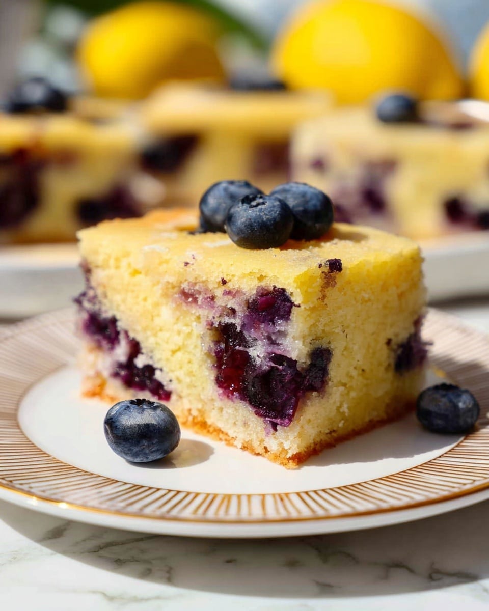 A square slice of yellowish cake with visible blueberries inside and on top sits on a white plate with a simple brown edge pattern. The cake has two layers with soft texture and juicy blueberries mixed in the middle and embedded throughout. A few whole blueberries are scattered on the plate around the cake. The background shows more pieces of the same cake and blurred lemons, all on a white marbled surface. The lighting is bright and natural, highlighting the moist look of the cake. Photo taken with an iphone --ar 4:5 --v 7