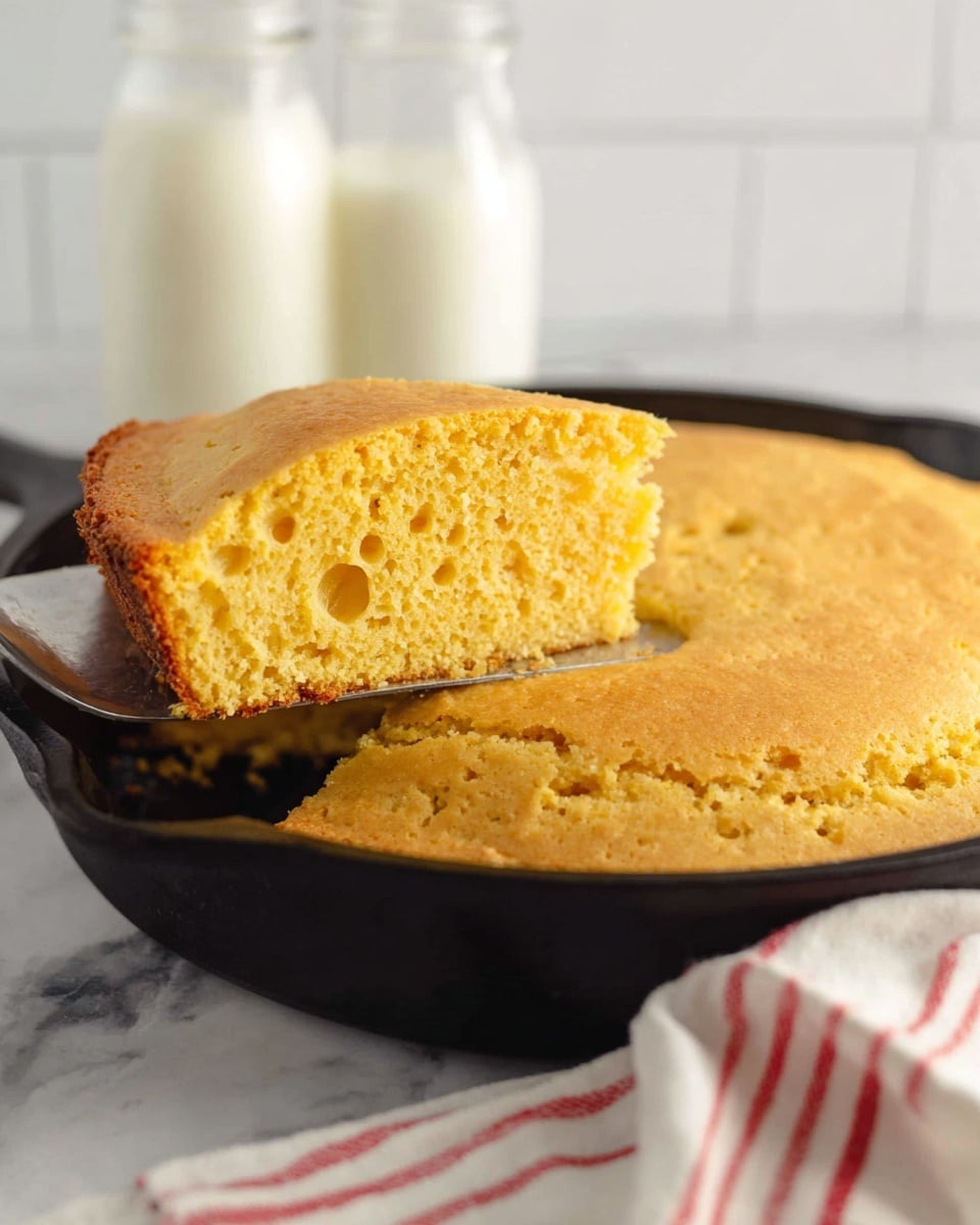 A golden yellow cornbread sits in a black cast iron skillet with one wedge lifted on a silver spatula, showing a soft, airy inside filled with small holes and a moist texture. The top and edges are smooth and slightly browned. The background has two clear bottles filled with milk and a white tiled wall, with the skillet resting on a white marbled surface near a white cloth with red stripes. The lighting is natural and bright, giving the cornbread a fresh and warm look. photo taken with an iphone --ar 4:5 --v 7