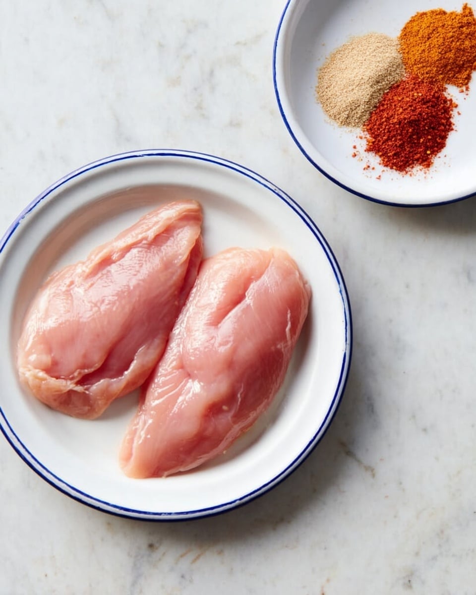 The image shows two raw pink chicken fillets placed side by side on a white plate with a thin blue rim. The texture of the chicken is smooth and slightly shiny, indicating freshness. In the upper right corner, there is another white plate with a thin blue rim containing three different finely ground spices, each in a small pile and separated from each other; the colors of the spices are light beige, orange-red, and bright red. Both plates rest on a white marbled surface that looks clean and smooth. photo taken with an iphone --ar 4:5 --v 7