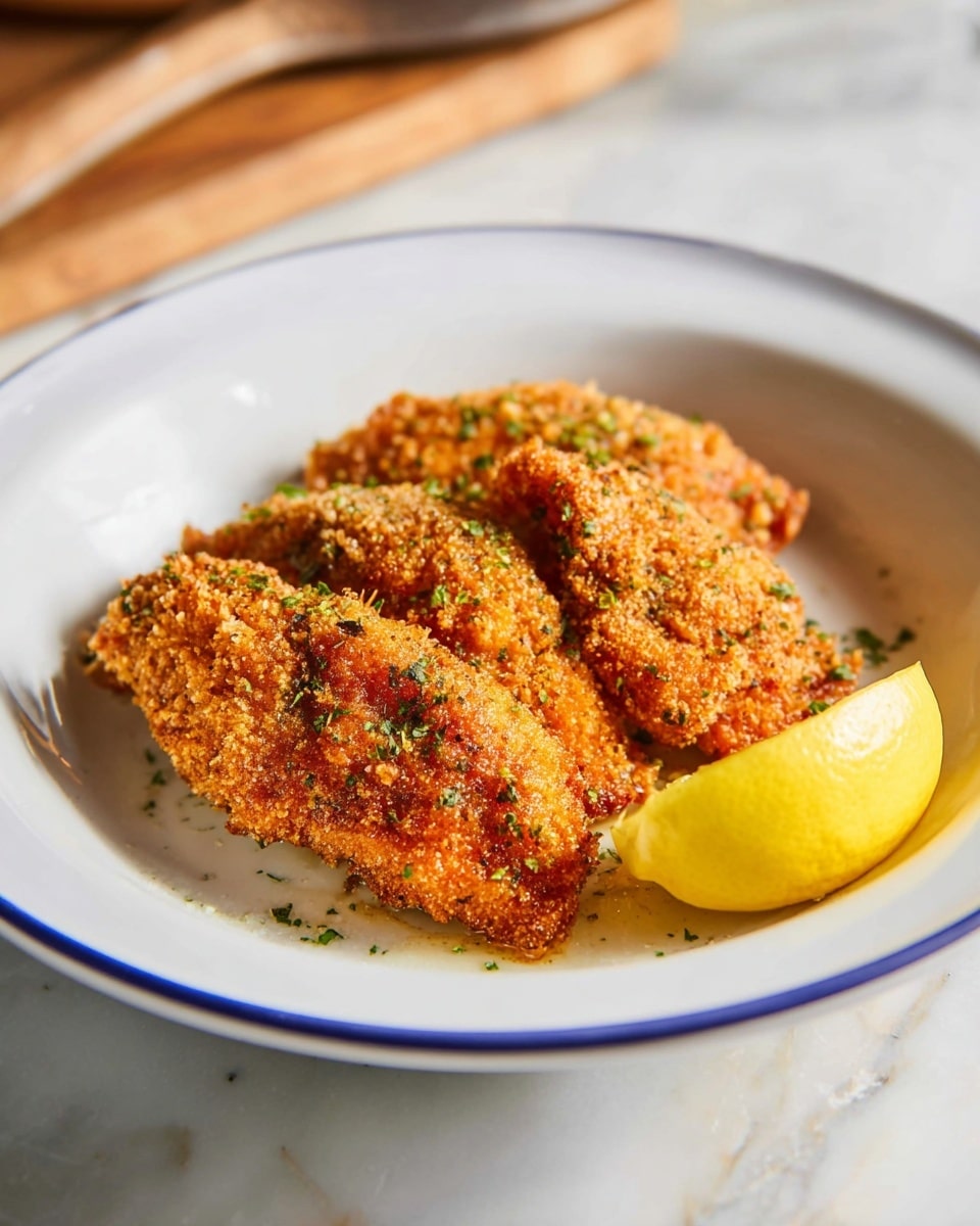 The dish shows three pieces of golden brown crispy fried meat arranged slightly overlapping in a white plate with a thin blue rim. The meat has a crunchy textured coating sprinkled with small green herb bits throughout. On the right side of the plate, there is a bright yellow lemon wedge resting next to the meat. The plate sits on a white marbled surface, and behind it, a blurred wooden spoon is partly visible. The lighting highlights the crispiness and color of the dish well, giving it a warm and appetizing look photo taken with an iphone --ar 4:5 --v 7