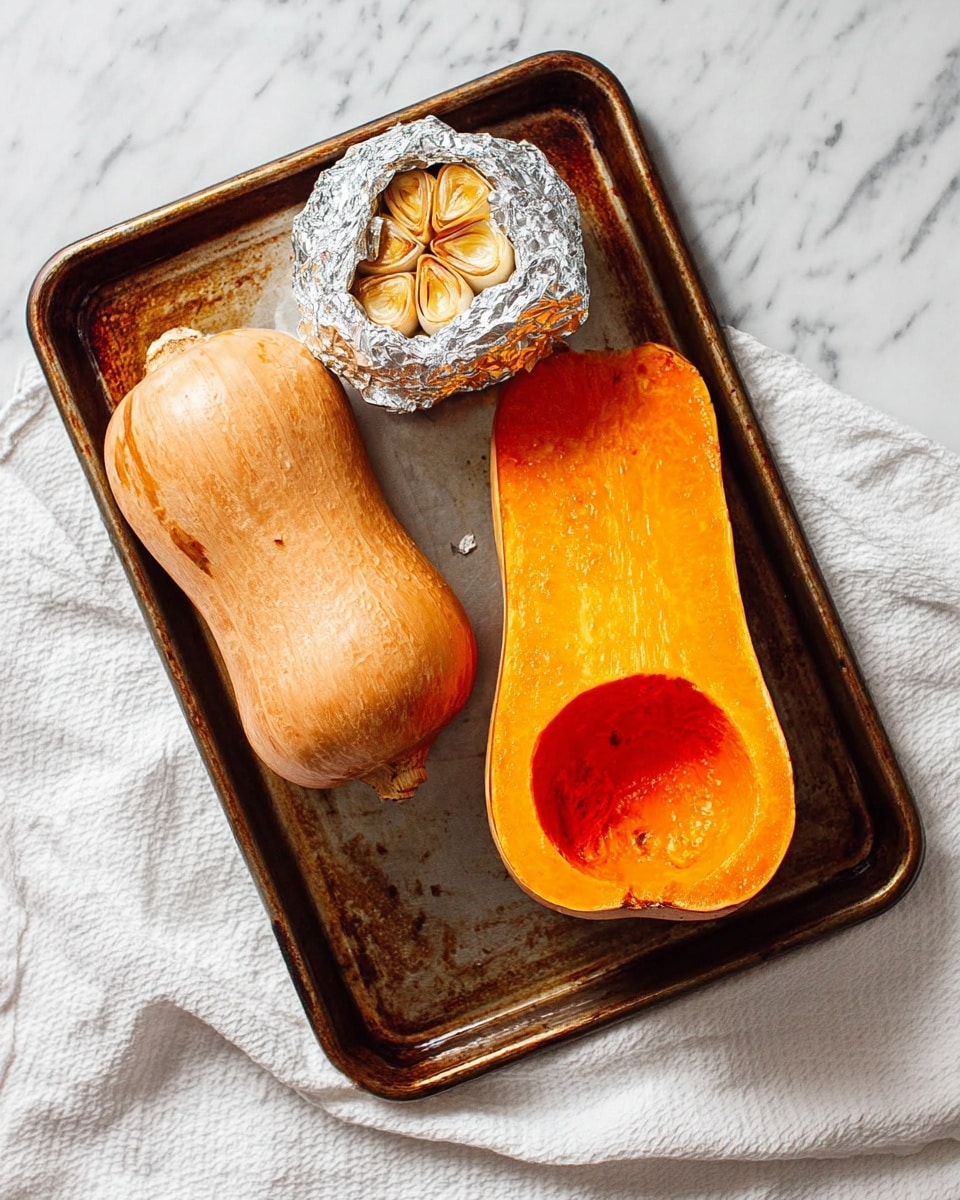 The image shows a dark metal baking tray holding two halves of a roasted butternut squash and a head of roasted garlic wrapped in shiny aluminum foil. The left half of the squash retains its light brown, wrinkled skin, while the right half is cut open, displaying a bright orange, smooth, and soft inside with a rounded hollow area near the bottom. The garlic head is opened at the top, showing golden-brown cloves. The tray is placed on a white marbled textured surface with a slightly crumpled white cloth underneath. Photo taken with an iphone --ar 4:5 --v 7