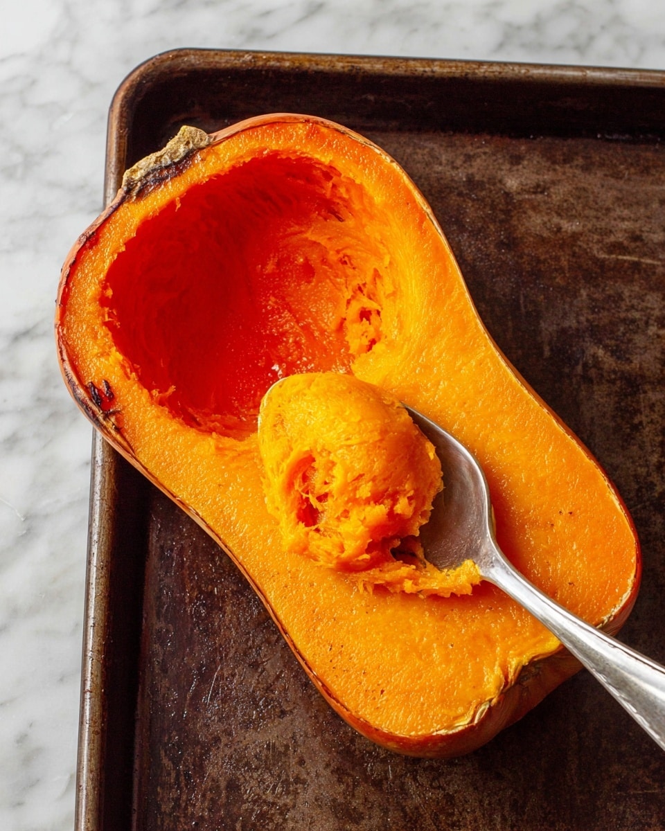The image shows a half of roasted butternut squash with a deep orange, soft, and smooth inside layer, sitting on a dark baking tray placed on a white marbled surface. The skin around the squash is a darker orange with caramelized, slightly browned, and crisp edges. A metal spoon scoops out a rounded portion of the soft inside, revealing the tender texture of the squash. The spoon is positioned inside the hollowed-out center of the squash, contrasting the shiny metal with the bright orange flesh. Photo taken with an iphone --ar 4:5 --v 7