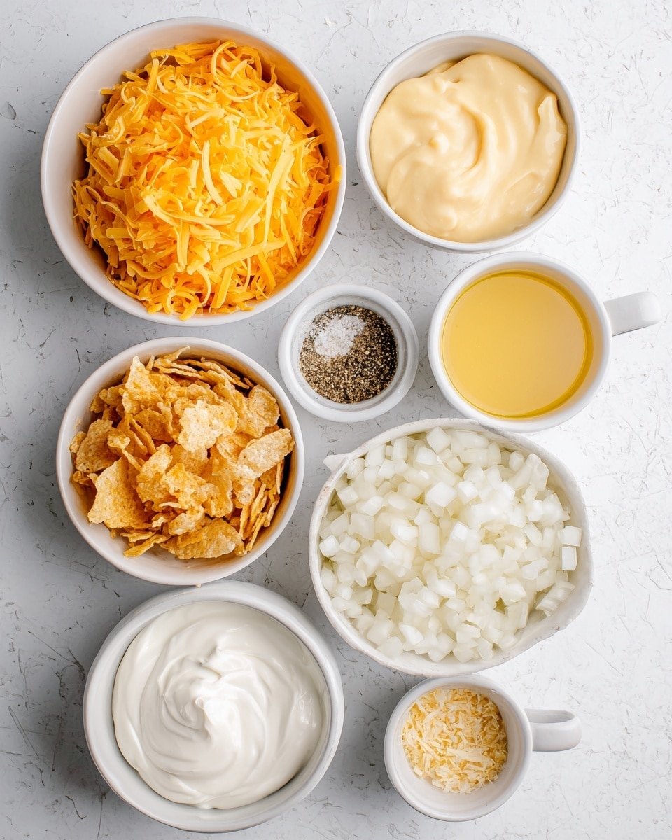 Several small white bowls arranged on a white marbled surface, each filled with different ingredients: one bowl with bright orange shredded cheddar cheese piled high in the center; another bowl filled with white diced onions to the right; a bowl in the upper center holds smooth, creamy pale yellow cheese sauce; a small bowl contains a mix of black pepper, salt, and garlic powder; below, a bowl has corn flakes with a golden brown crunchy texture; near the bottom left, a bowl is filled with thick, white sour cream with a soft swirl on top; a bowl with shredded white potatoes with slightly speckled skin pieces; and a mug on the right holds melted yellow butter, smooth and shiny. The photo taken with an iphone --ar 4:5 --v 7