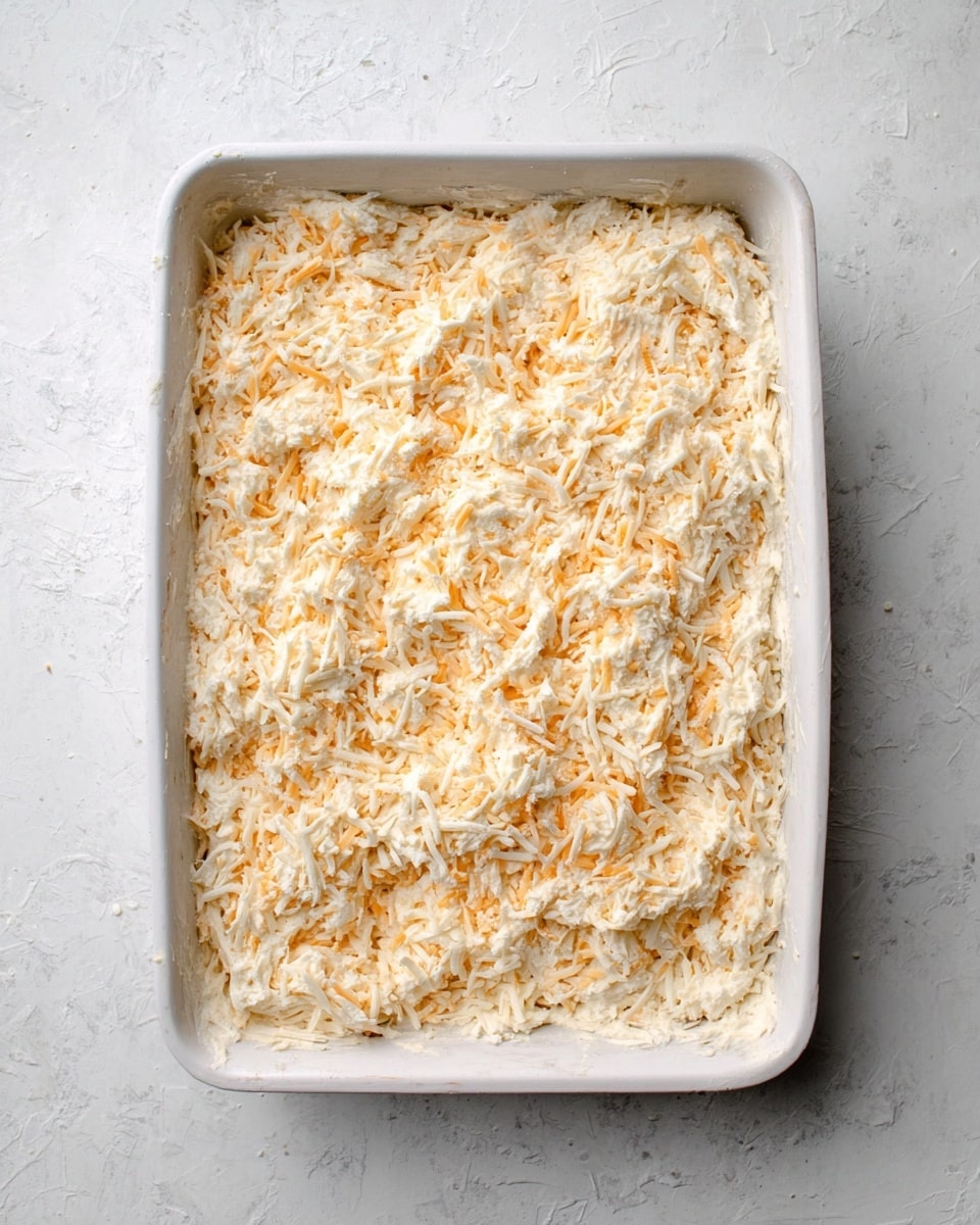 A white rectangular baking dish filled with a thick, mixed layer of shredded white and light orange ingredients, creating a creamy, slightly rough texture spread evenly to the edges. The mixture appears soft and dense with visible small strands throughout, resting on a white marbled surface. photo taken with an iphone --ar 4:5 --v 7