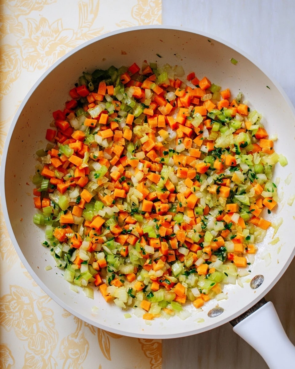 A white frying pan filled with a mix of small diced vegetables including bright orange carrots, light green celery, and pale yellow onions, all sautéed and evenly spread across the pan. The carrot pieces are square and scattered evenly alongside the celery, which has a slightly translucent texture. Small bits of chopped green herbs are mixed in throughout, adding touches of dark green. The pan handle is white and rests against a white marbled surface with a faint floral pattern in the background. photo taken with an iphone --ar 4:5 --v 7