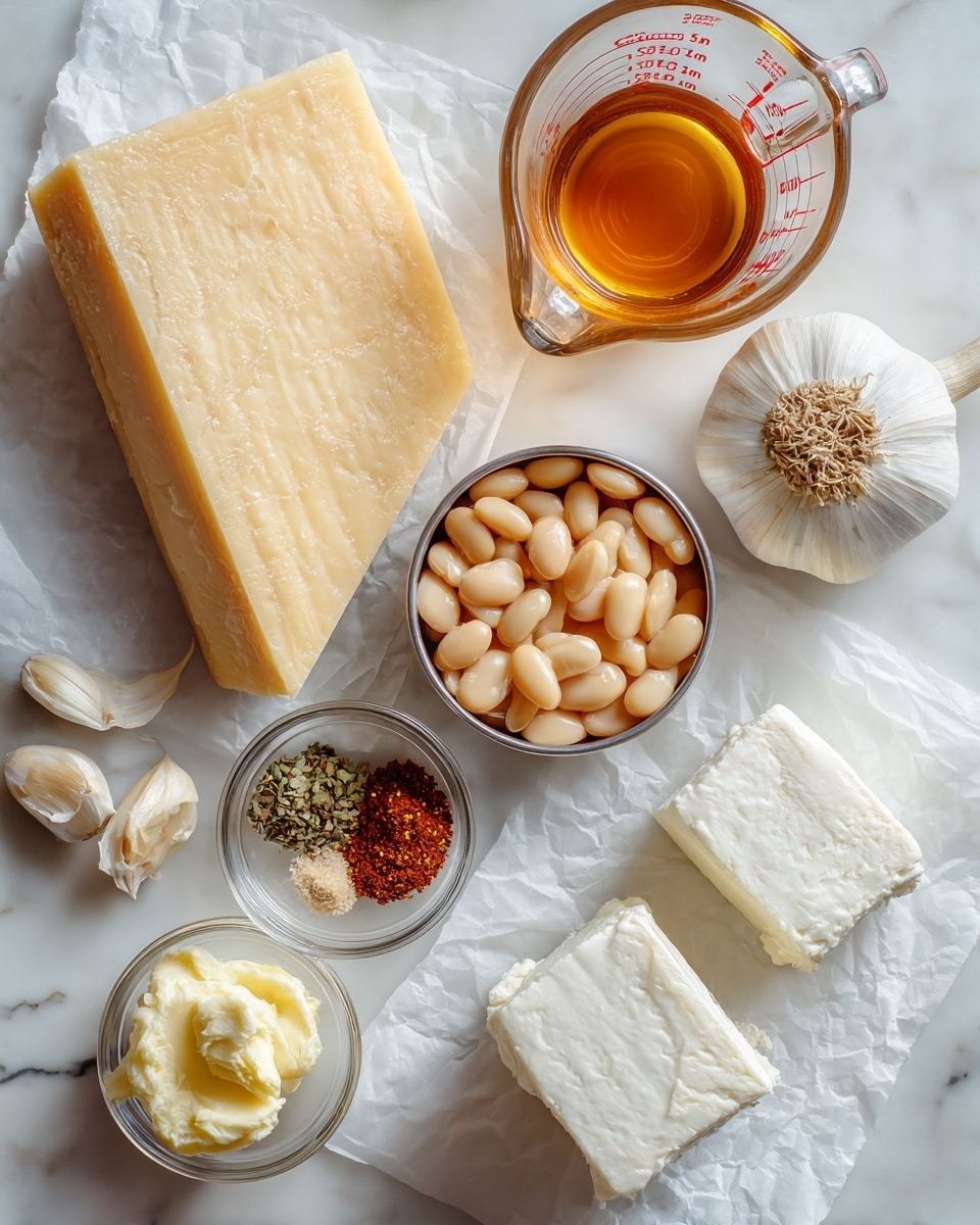 The image shows several cooking ingredients arranged on a white marbled surface. At the top left, there is a large wedge of pale yellow parmesan cheese with a smooth texture. To the right, a clear glass measuring cup filled halfway with amber-colored broth is placed. Below the parmesan, a whole white garlic bulb sits with its papery skin. In the center, two open cans reveal light tan butter beans with a soft texture. On the left side, a small dollop of pale yellow butter rests on the surface, while above it, a small glass bowl holds a mix of spices in earthy reds, greens, and browns. At the bottom center, three blocks of white cream cheese sit on a piece of parchment paper, showing their smooth and firm texture. photo taken with an iphone --ar 4:5 --v 7