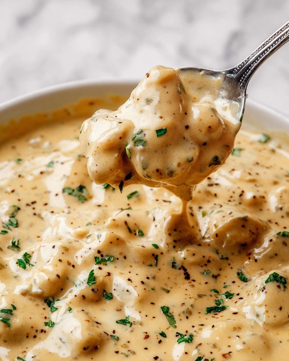 The image shows a close-up of a thick creamy sauce with soft, light beige chunks mixed in. The sauce is smooth with a slightly shiny surface, speckled with small bits of herbs and black pepper. Bright green small herb pieces are scattered on top, adding contrast. A silver spoon lifts some of the creamy mixture, showing the chunks coated evenly, with the sauce dripping slightly. The whole scene is set against a white marbled background. photo taken with an iphone --ar 4:5 --v 7