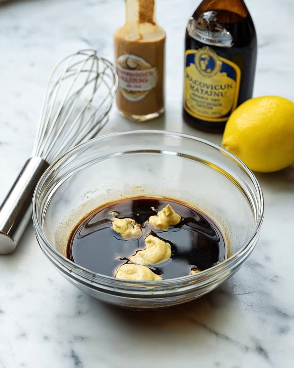 A clear glass bowl sits on a white marbled surface, filled with a dark brown liquid, likely soy sauce or balsamic vinegar, with dollops of light yellow mustard mixed in, creating a contrast of smooth and glossy textures. To the left of the bowl, a silver whisk rests on the surface, and behind the bowl are bottles of Worcestershire sauce, Dijon mustard, and iced balsamic vinegar, along with a whole lemon, all placed against the white marbled background. The scene is well-lit, showing vibrant colors and textures. photo taken with an iphone --ar 4:5 --v 7