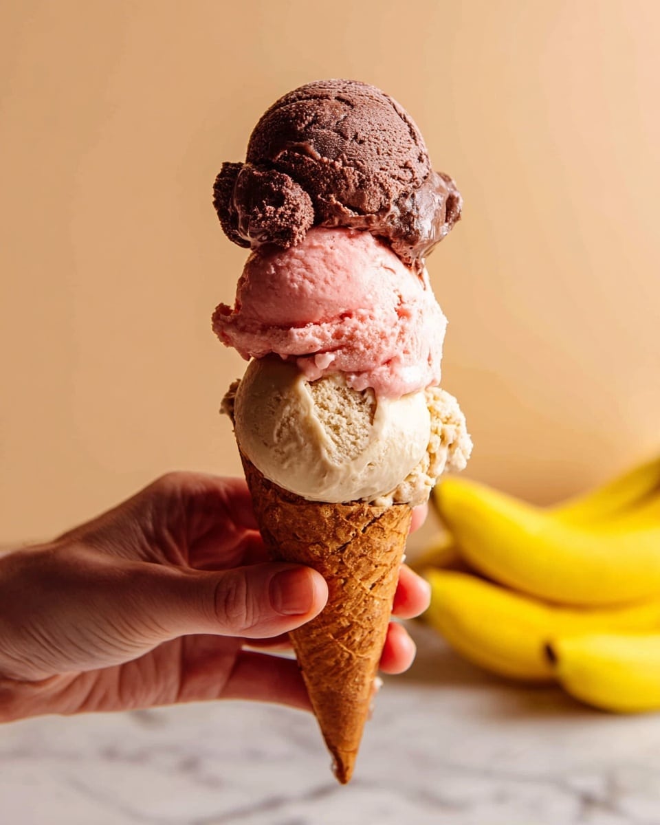 A woman's hand holds a waffle cone with three scoops of ice cream stacked on top. The bottom layer is light beige with a slightly grainy texture, the middle layer is pink and creamy with small ice crystals, and the top layer is dark brown and smooth with some melted spots. The background is a soft beige color and there are yellow bananas slightly blurred on the right side. The surface below is a white marbled texture. Photo taken with an iphone --ar 4:5 --v 7