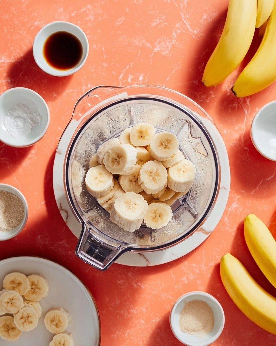 The image shows a clear blender container filled with thick slices of peeled bananas, resting on a white marbled surface with an orange background. To the right, a small bunch of ripe yellow bananas lays partially visible. Surrounding the blender are small white bowls and containers holding ingredients like a dark brown syrup, white powder, and a white liquid, all placed neatly around. Near the bottom left, peeled banana slices are arranged on a white plate. The colors are bright and natural, creating a fresh and simple look. photo taken with an iphone --ar 4:5 --v 7