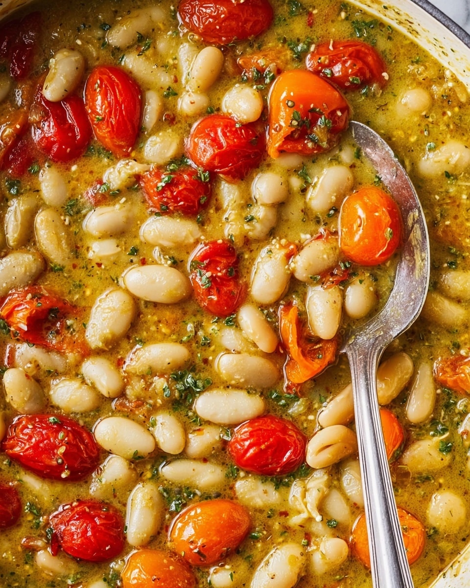 The image shows a close-up of a thick stew with large white beans and whole cherry tomatoes in red and orange colors, all mixed in a greenish-yellow sauce that looks creamy and herb-filled. A shiny silver spoon is partially submerged in the stew on the right side, revealing the smooth, soft textures of the beans and the slightly wrinkled tomatoes. The background is a white marbled surface. photo taken with an iphone --ar 4:5 --v 7