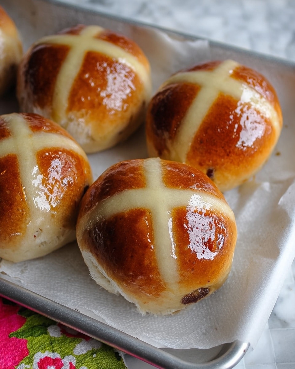 The image shows a white rectangular baking tray filled with soft, round hot cross buns. Each bun has a shiny, golden-brown top with a white cross made from dough or icing placed on it. The buns are slightly touching each other and have a smooth, glossy surface with some small bits of dark fruit visible inside. The tray is placed on a white marbled surface next to a window letting natural light fall on the buns. Part of a floral cloth with red and pink flowers is also visible near the tray. photo taken with an iphone --ar 4:5 --v 7