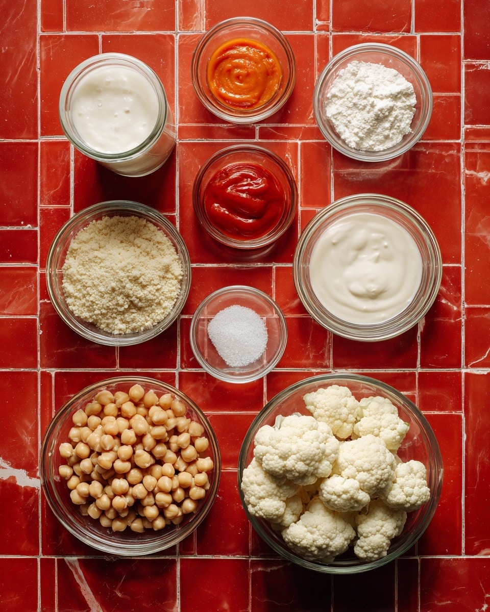 The image shows nine clear glass bowls arranged on a bright red tiled surface with a white marbled texture. The largest bowl at the bottom right holds white cauliflower florets; to its left, a similarly sized bowl contains beige panko breadcrumbs. Above the cauliflower, two small bowls hold reddish sriracha and orange Thai sweet chili sauces side by side. In the middle, a small white bowl filled with fine white salt is centered between a medium bowl of white yogurt and another medium bowl with creamy off-white mayo. Toward the top left, a tall glass cup is filled with foamy buttermilk, next to a medium bowl of white cornstarch powder. At the bottom left, a large bowl is filled with round light brown chickpeas. The bowls all have clear glass texture and are neatly positioned on the red tiles. Photo taken with an iphone --ar 4:5 --v 7