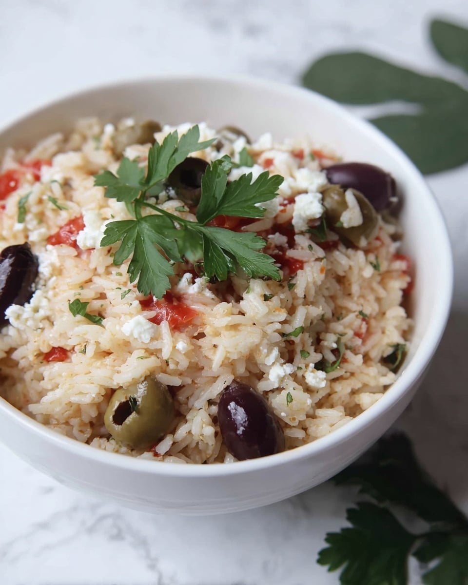 A white bowl filled with cooked rice mixed with green and dark purple olives, and small red tomato pieces, topped with small white cheese crumbles scattered throughout. In the center on top, three fresh green parsley leaves add a bright touch. The bowl sits on a white marbled surface with a blurred green leaf in the background. photo taken with an iphone --ar 4:5 --v 7