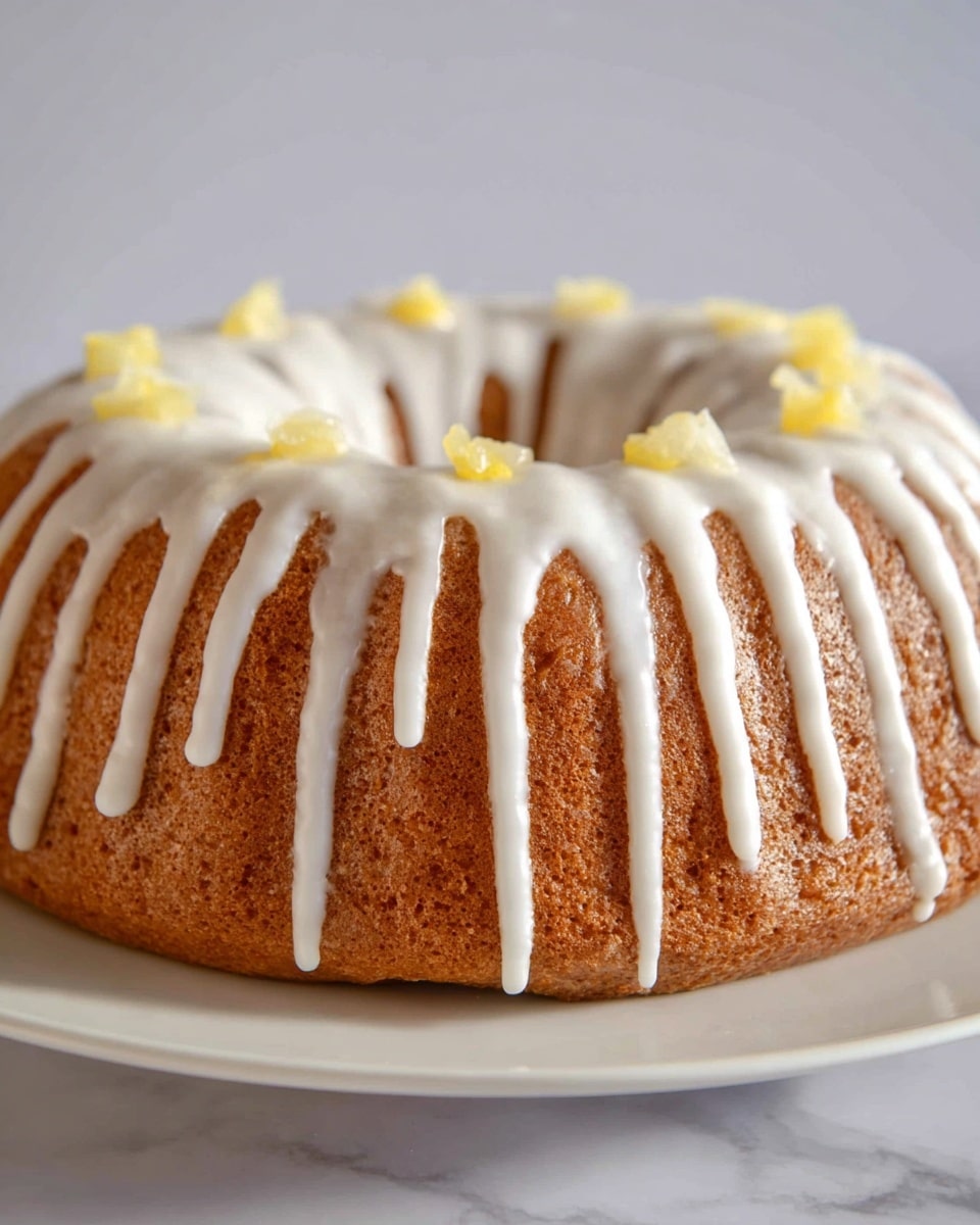 A single-layer round bundt cake in light brown color sits on a white plate, with smooth white icing dripping down evenly from the top to the sides, creating thin vertical lines. Small pieces of light yellow topping are placed on top of the cake in a spaced circular pattern following the cake's shape. The background is a white marbled texture. Photo taken with an iphone --ar 4:5 --v 7